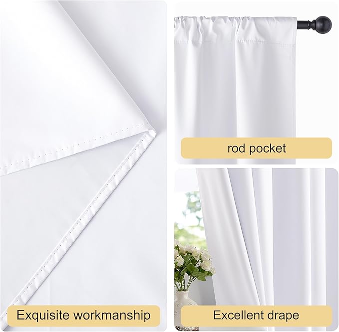 NICETOWN Bedroom 100% Blackout Curtains, 2 Panels, 34 by 84, Snow White, Window Treatment Rod Pocket Curtains/Drapes for Bedroom