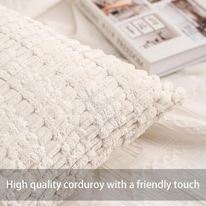 Pack of 2 Corduroy Decorative Throw Pillow Covers 26x26 InchSoft Striped Pillow Covers Modern Farmhouse Home Decor for Sofa Living Room Couch Bed（Cream White）
