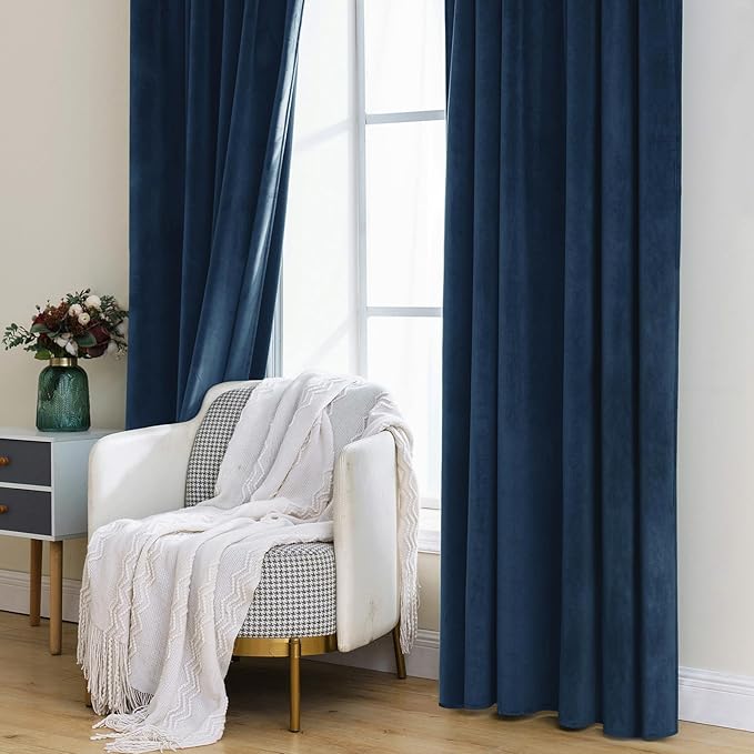 MIULEE Navy Blue Velvet Curtains 84 inches - Luxury Blackout Curtains for Bedroom Living Room Thermal Insulated Super Soft Window Drapes Rod Pocket & Back Tab, W52 x L84 inches, 2 Panels