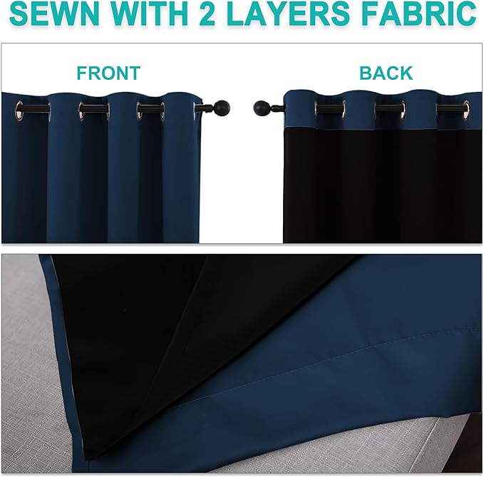 NICETOWN 100% Blackout Blinds, Laundry Room Decor Window Treatment Curtains for Large Patio Sliding Door, Thermal Insulated Moroccan Blue Curtains for Bedroom, Set of 2, 52 inches x 108 inches