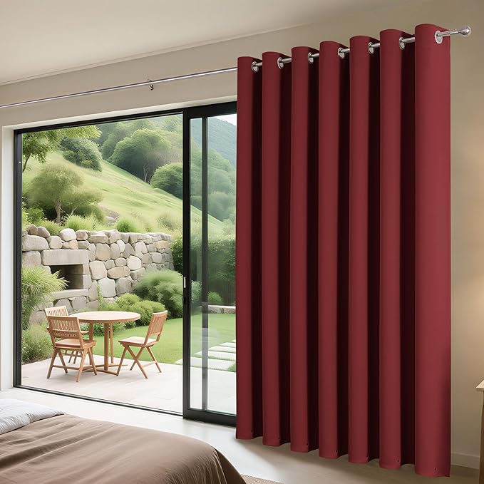 Joydeco Blackout Patio Sliding Door Curtains 108 Inches Long, Grommet Privacy Room Divider Curtains, Extra Wide Thermal Blackout Drapes for Bedroom Living Room (Burgundy Red, 80Wx108L, 1 Panel)