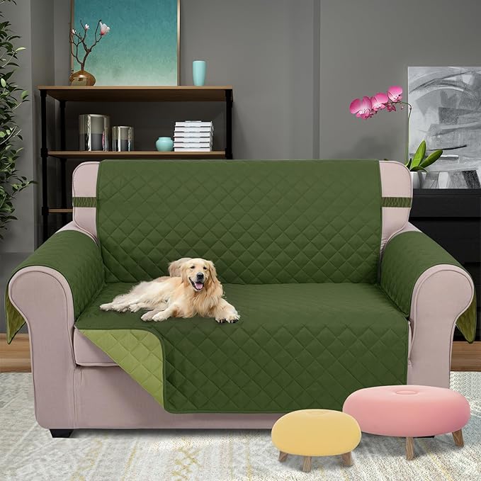 U-NICE HOME Loveseat Sofa Cover Reversible Couch Cover for Dogs with Elastic Straps Water Resistant Furniture Protector for Pets Couch Cover for 2 Cushion Couch (Loveseat, Huntergreen/Sage)
