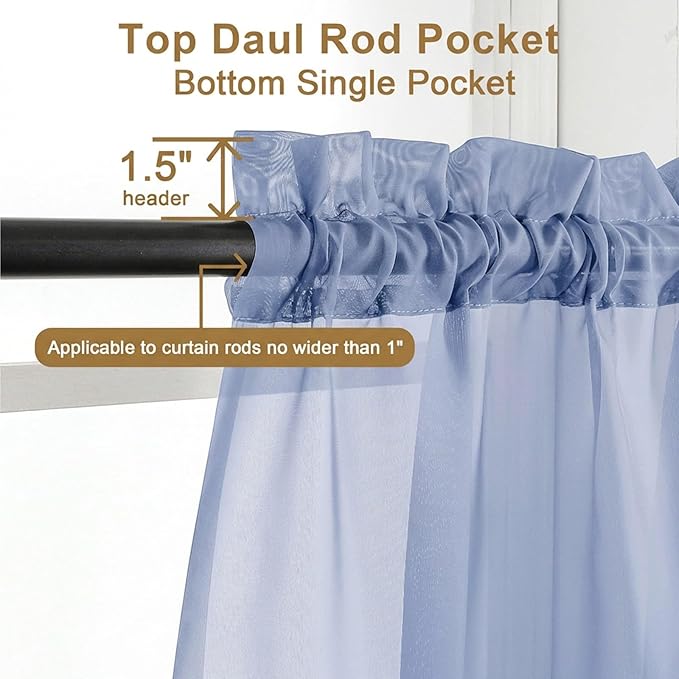 Chyhomenyc Sheer Curtains 45 Inch Long 2 Panels - Light Filtering Short Soft Airy Short Cafe Curtains, Modern Rod Pocket for Dinning Living Room Bedroom, 42Wx45L Inches, Denim Blue