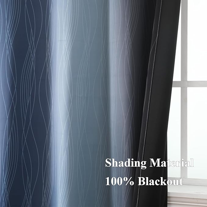 Estelar Textiler Navy Blue and Black Ombre Blackout Curtains 54 Inch Length, Full Light Blocking Gradient Grommet Drapes for Kitchen, Thermal Insulated Curtains for Bedroom, 52Wx54L, 2 Panels