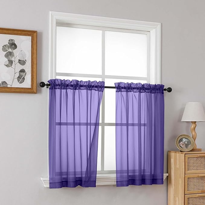 Purple Sheer Curtains Tier 30 Inches Length 2 Panels Set, Light Filtering Lightweight Soft Window Treatments Drapes, Cute Elegant Cafe Curtains for Nursery, Dual Rod Pocket, 2x42Wx30L Inches