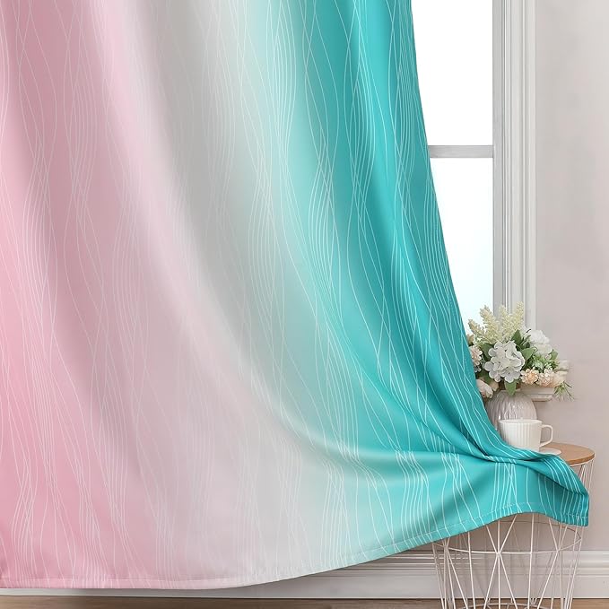 Estelar Textiler Pink and Teal Ombre Blackout Curtains for Bedroom, Thermal Insulated Light Blocking Gradient Drapes, Full Room Darkening Grommet Curtains for Living Room, 42Wx84L, 2 Panels