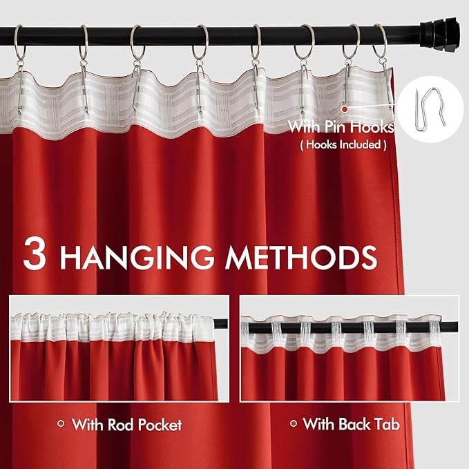 MIULEE Christmas Red Back Tab Blackout Curtain 96 Inch Long 2 Panels Set for Living Room Bedroom, Rod Pocket/Pinch Pleat Thermal Insulated Room Darkening Pleated Light Blocking Floor to Ceiling Drape