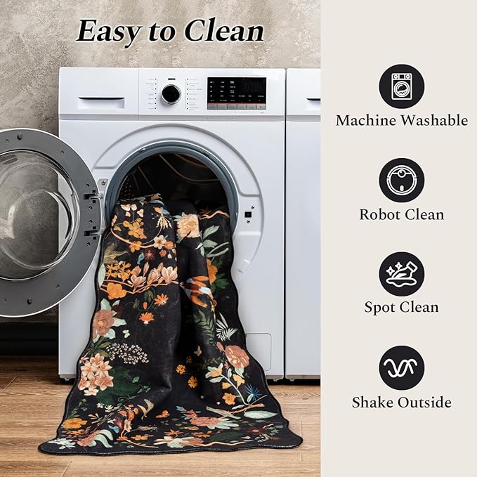 Rugflix 5x7 Floral Area Rug for Living Room, Bedroom, Machine Washable Rugs with Non-Slip Backing, Indoor Low Pile Carpet for Dining Room, Nursery, Kids Pet Friendly