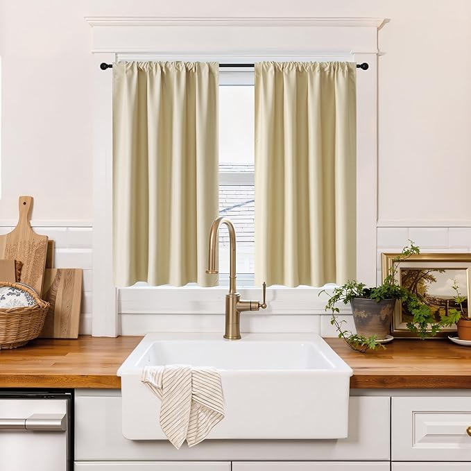 RYB HOME 100% Blackout Short Curtains for Small Window, Thermal Insulated Total Room Darkening Noise Reducing Curtains for Kitchen Bathroom Basement, 34 inches Wide by 48 inches Long, Biscotti Beige