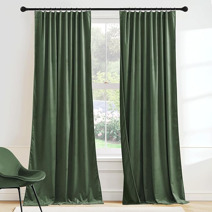 RYB HOME Elegant Green Velvet Curtains 84 inches Long, Light Blocking, Thermal Insulated, Stylish Velvet Drapes with Hook Belt for Cozy Home Aesthetics, 52" W x L102 L, 2 Panels Set