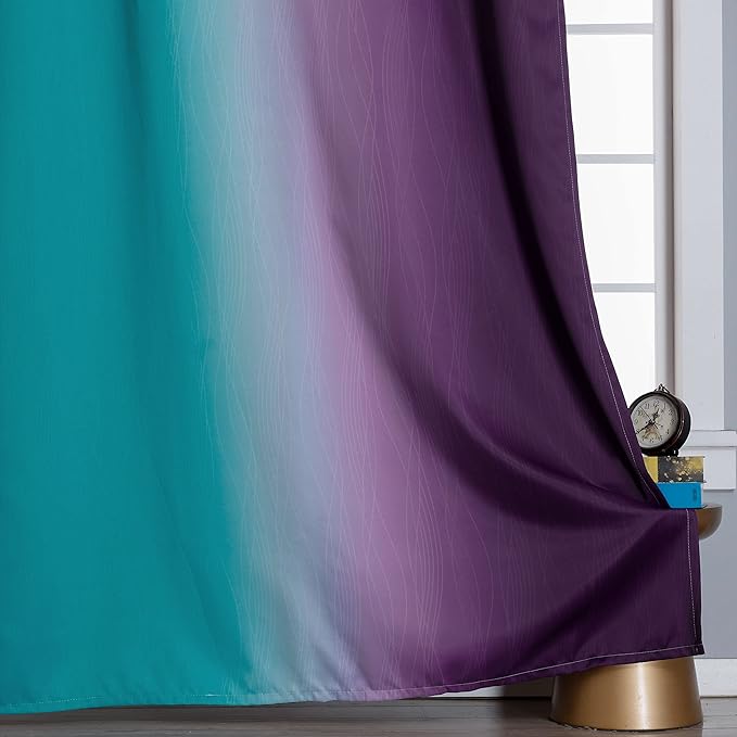 Estelar Textiler Ombre Purple Blackout Curtains 96 Inches Long, Teal Curtains for Living Room, Grommet Thermal Insulated Gradient Drapes, Full Light Blocking Curtains for Bedroom,52x96 Inch, 2 Panels