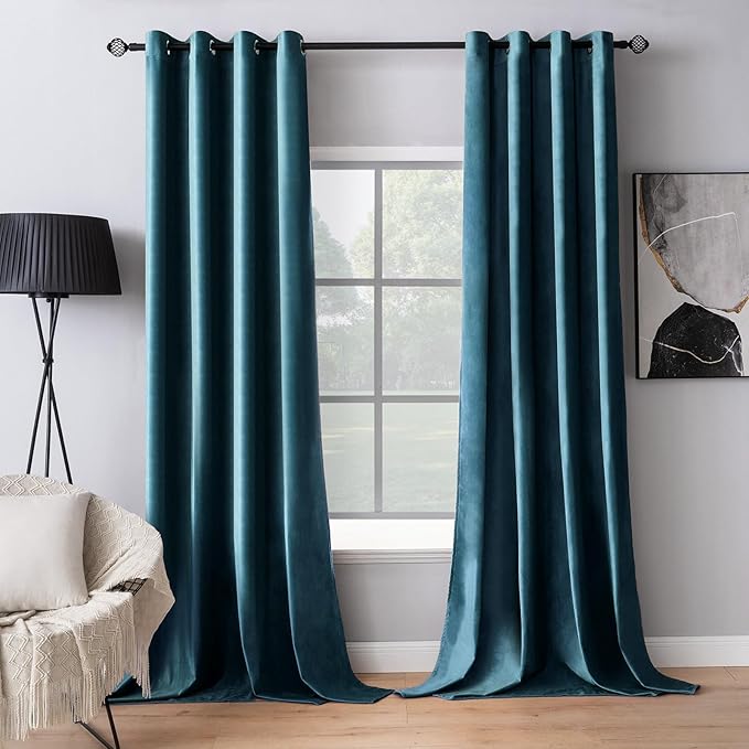 MIULEE Blue Velvet Curtains 63 Inches Length Blackout Curtains Thermal Insulated Soundproof Room Darkening Grommet Curtains/Drapes for Living Room Bedroom 52 x 63 Inch 2 Pcs Peacock Blue