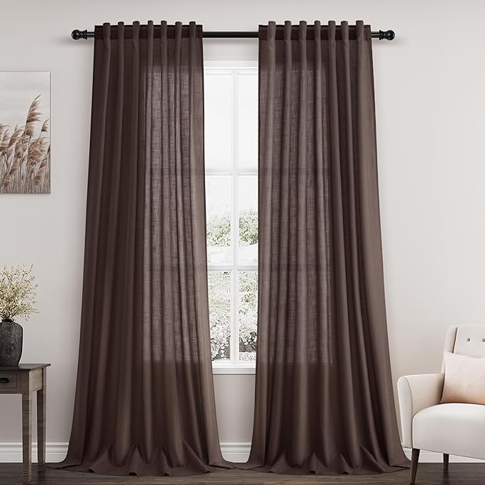 Nanspring Coffee Linen Semi Sheer Curtains 108 Inches Long 2 Panels Set Back Tab Loop Pocket Boho Large Window Curtain Extra Long Light Filtering Drapes High Ceiling Curtains for Living Room 52x108