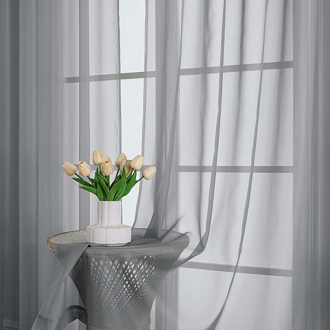 OWENIE Sheer Grey Curtains, Sheer Curtains 63 inch Length 2 Panels Set, Rod Pocket Voile Fimly Sheer Drapes for Living Room Bedroom, 2pcs, Grey, Each 59" W x 63" L