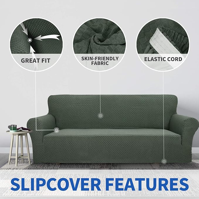 ZNSAYOTX 1 Piece Jacquard Couch Covers for 3 Cushion Couch Living Room High Stretch Sofa Cover Pets Dogs Friendly Anti Slip Thickened Slipcovers Furniture Protector (Sofa, Army Green)