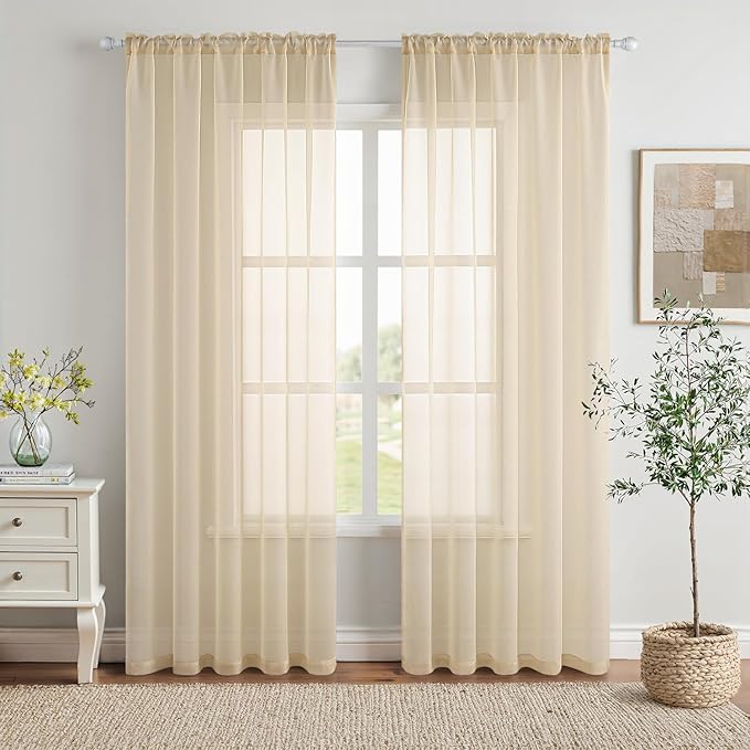 MIULEE 2 Panels Solid Color Sheer Window Curtains Elegant Window Voile Panels/Drapes/Treatment for Bedroom Living Room (54X102 Inches Cream)