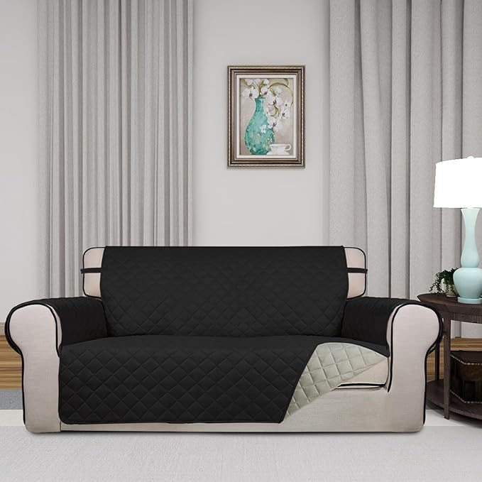 PureFit Reversible Quilted Sofa Cover, Water Resistant Slipcover Furniture Protector, Washable Couch Cover with Non Slip and Elastic Straps for Kids, Dogs, Pets (Oversized Loveseat, Black/Beige)