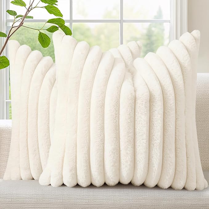 decorUhome Summer Cozy Faux Fur Throw Pillow Covers 22x22 Set of 2 Decorative Plush Striped Modern Farmhouse Boho Couch Euro Sham Pillow Cases with Velvet Back for Sofa Bed Living Room, Cream White