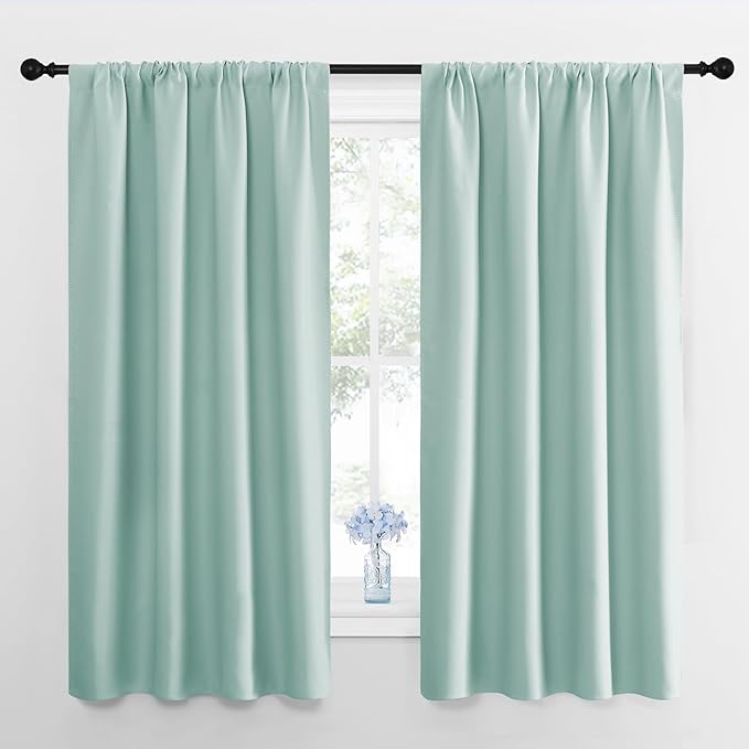 NICETOWN Kitchen Curtains, Short Blackout Curtains & Drapes, Aqua Blue, 34 in x 45 in (W x L), Set of 2, Thermal Insulated Rod Pocket Window Treatment Draperies for Nursery