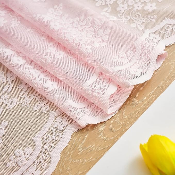 YJ YANJUN Vintage Lace Curtains Elegant Floral Pink Sheer French Door Curtains Set of 2 Shabby Chic Voile Door Drapes for Door Window Living Room Girls Room 52" W x 72" L 2 Panels