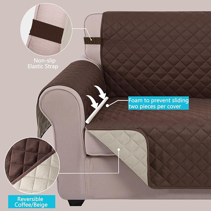 U-NICE HOME Recliner Chair Covers Reversible Chair Cover Pet Covers for Dogs with Elastic Straps Water Resistant Diamond Quilted (23''Armchair, Coffee/Beige)