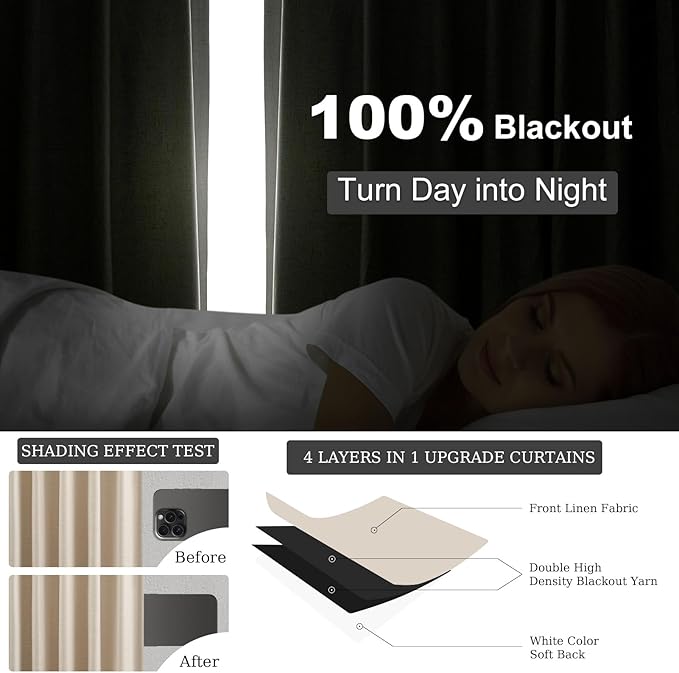 Topfinel Blackout Curtains for Bedroom 96 Inch Long, Beige Tan Boho Energy Efficient Insulated Floor to Ceiling Track Curtains Tab Top 2 Panel Set Flax Linen Cream Champagne Curtains Dining Room