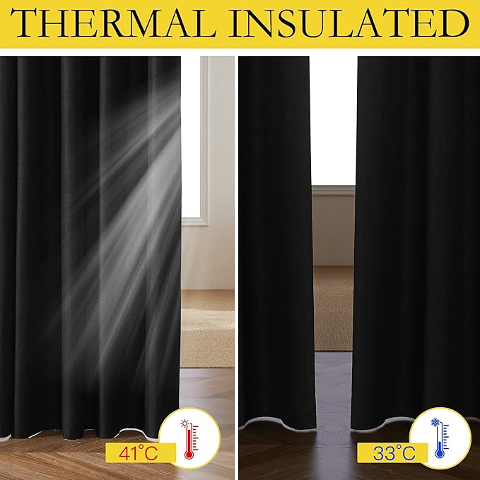 NICETOWN Vintage Open Linen Weave Flax Thermal Curtains, 100% Blackout Curtains 108 inches Long for Dining Room, Soundproof Window Treatment Drapes for Hall Room, Black, 52" Wide Per Panel, Set of 2