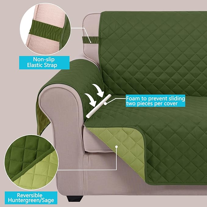 U-NICE HOME Loveseat Sofa Cover Reversible Couch Cover for Dogs with Elastic Straps Water Resistant Furniture Protector for Pets Couch Cover for 2 Cushion Couch (Loveseat, Huntergreen/Sage)