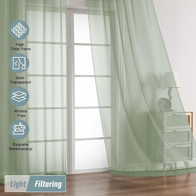 Extra Wide Sage Green Sheer Curtains for Window 96 Inches Long 2 Panels, Elegant Light Filtering Voile Sheer Curtains for Sliding Glass Door, Dual Rod Pocket Window Drapes, 2x59Wx96L Inches