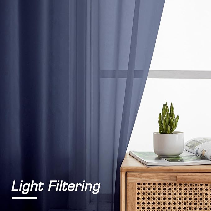 Aiyufeng Navy Blue Sheer Curtains 63 inch Length 2 Panels Set, Sheer Blue Curtains for Bedroom and Living Room, Light Filtering Dual Rod Pocket Voile, Each 40 Width by 63 Length