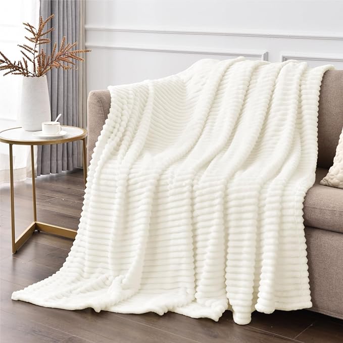 BEDELITE Fleece Throw Blanket for Couch – 3D Ribbed Jacquard Soft and Warm Decorative Fuzzy Blanket – Cozy, Fluffy, Plush Lightweight Cream Throw Blankets for Bed, Sofa, 50x60 inches