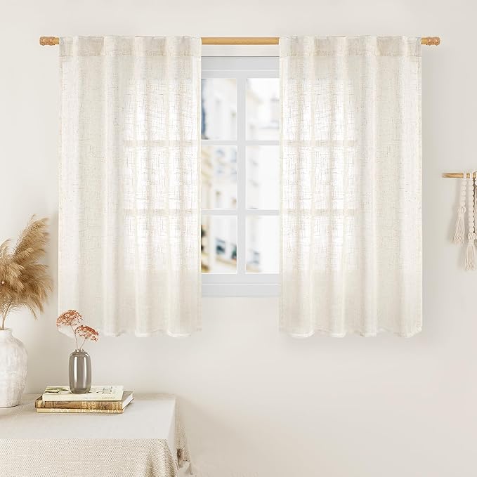 LAMIT 45 Inch Short Window Linen Curtains, Light Filtering Panels Back Tab and Rod Pocket Neutral Drapes for Cafe/Bathroom/Loft Room, Cream, 2 Panels, 34 x 45 Inch