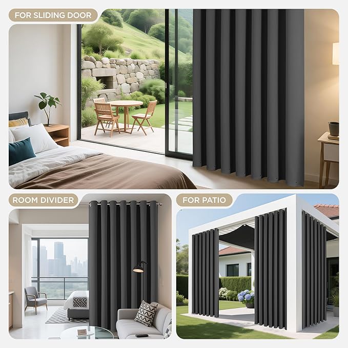 Joydeco Blackout Patio Sliding Door Curtains 90 Inches Long, Grommet Privacy Room Divider Curtains, Extra Wide Thermal Blackout Drapes for Bedroom Living Room (Grey, 70Wx90L, 1 Panel)
