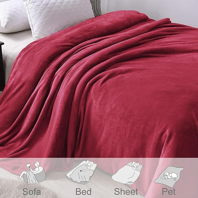 Exclusivo Mezcla Fleece Blanket King Size for Bed, Super Soft and Warm, All Season, Cozy, Plush, Lightweight, 90x104 Inches, Deep Red