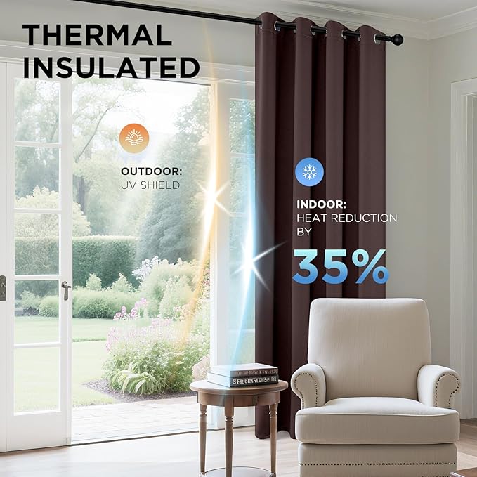 Joydeco Blackout Curtains 63 Inch Length 2 Panels Set, Thermal Insulated Long Curtains& Drapes 2 Burg, Room Darkening Grommet Drapes for Living Room Bedroom Window (W52 x L63 Inch, Chocolate)