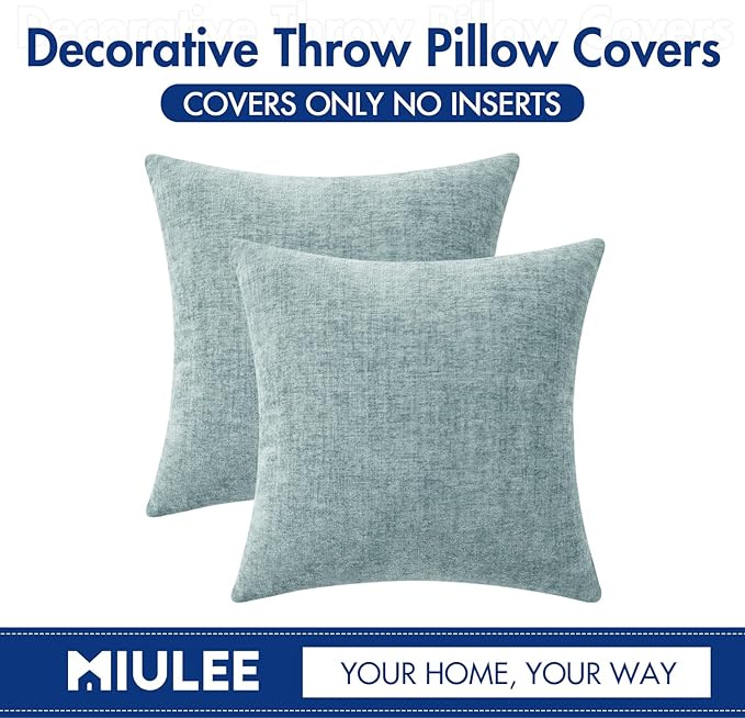 MIULEE Pack of 2 Light Blue Throw Pillow Covers 20x20 Inch Soft Chenille Pillow Covers for Sofa Living Room Spring Home Decor Couch Solid Dyed Cases