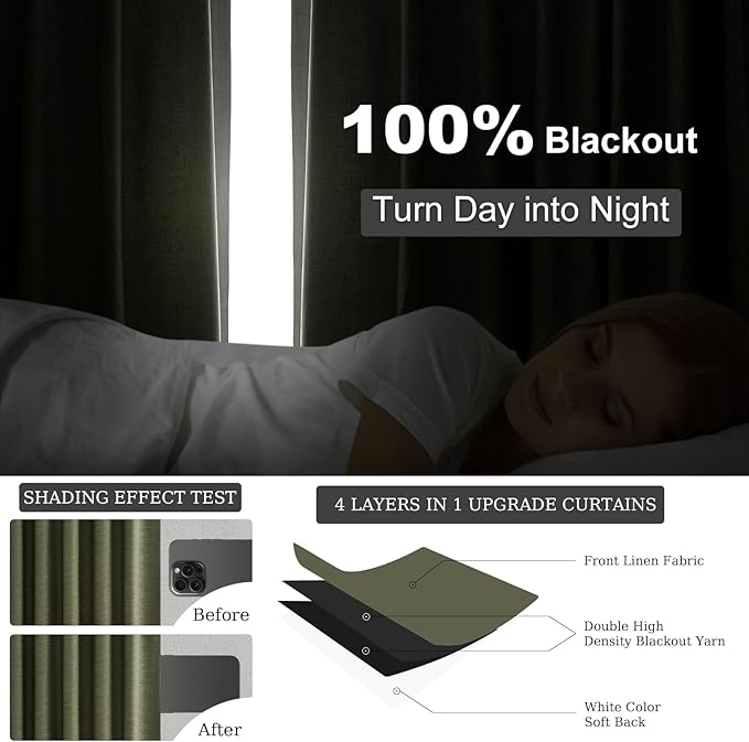 Green Blackout Curtains 95 Inches Long 2 Panels Set Room Darkening Vintage Farmhouse Country Linen Curtain Drapes for Bedroom Heavy Duty Thick Soundproof Viral Pleated Drapes(W52 x L95 Olive)