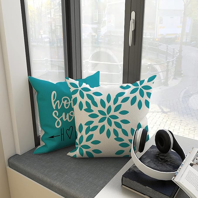 YCOLL Pillow Covers 16x16 Set of 4, Modern Sofa Throw Pillow Cover, Decorative Outdoor Linen Fabric Pillow Case for Couch Bed Car, Aqua Blue