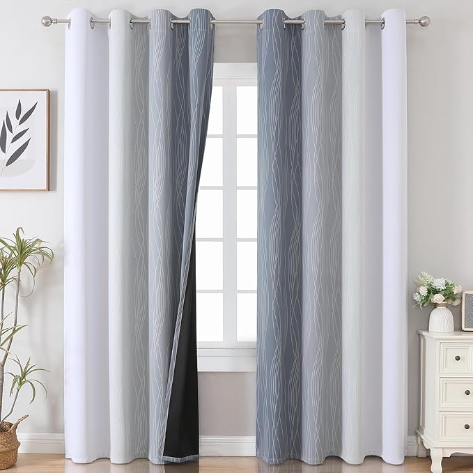 Estelar Textiler Grey and Grayish White Blackout Curtains 108 Inches Long, Thermal Insulated Drapes for Bedroom, Full Light Blocking Energy Saving Long Curtains for Living Room, 52Wx108L, 2 Panels