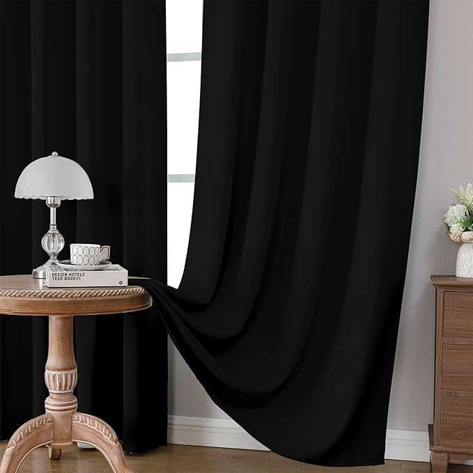 CUCRAF Black Blackout Curtains 54 inch Length 2 Panels Set, Rod Pocket Room Darkening Drapes for Bedroom Living Room, Insulated Thermal Light Blocking Window Curtain (W52 x L54 Inch)