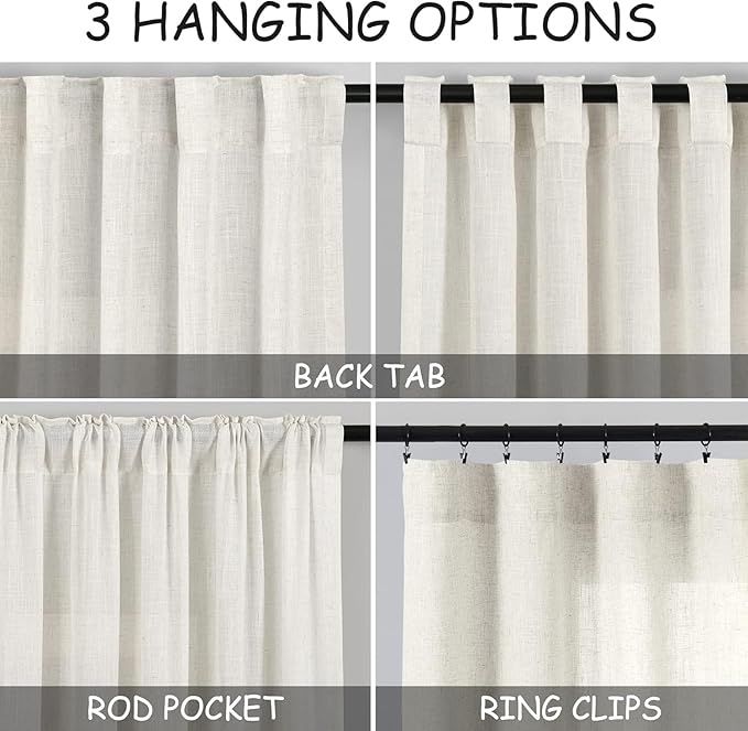 Nanspring Linen Natural Curtains for Kitchen Windows Over Sink - Cafe Drapes Semi Sheer with Back Tab and Rod Pocket Lightweight Rustic Textured Cabinet Curtain for Bathroom 29 x 24 Inch, 2 Panels