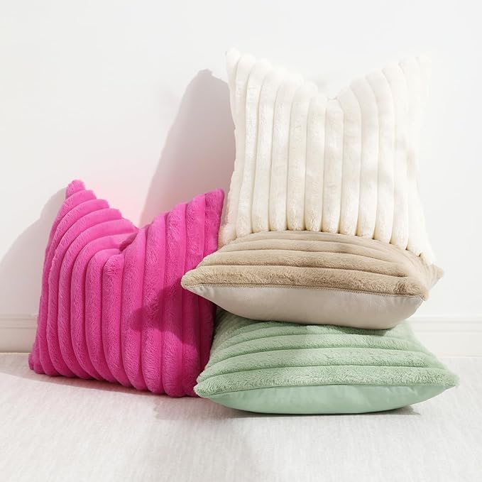 decorUhome Summer Cozy Faux Fur Throw Pillow Covers 12x20 Set of 2 Decorative Soft Plush Striped Lumbar Modern Farmhouse Boho Couch Pillow Cases with Velvet Back for Sofa Bed Living Room, Hot Pink