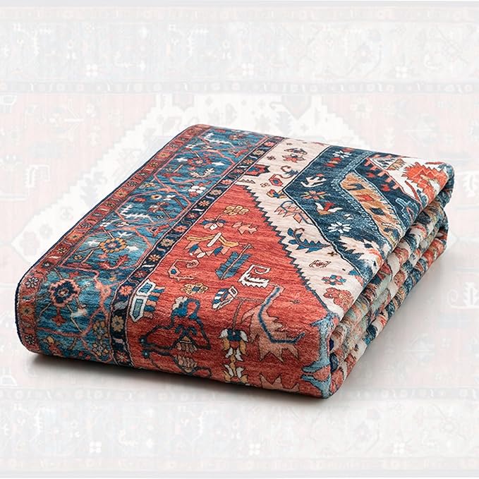SERISSA 7x9 Area Rugs for Living Room, Large Washable Non-Slip Boho Rug, Ultra Soft Vintage Rust Oriental Tribal Print Distressed Carpet for Dining Room Bedroom Dorm Office Home Decor