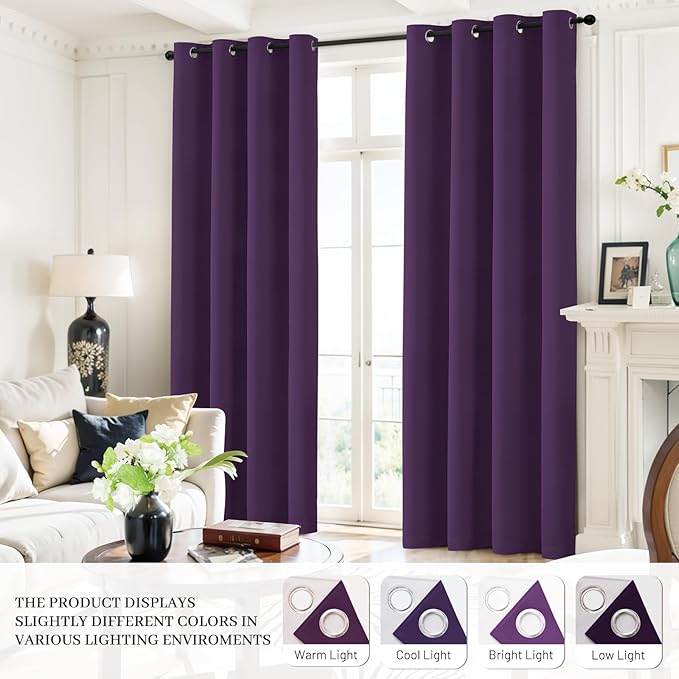Yakamok Room Darkening 100% Blackout Curtains Grommet Window Treatments with 2 Thick Layers-Purple Thermal Insulated Drapes Set of 2 Panels for Bedroom Living Room 52 Inches by 84 Inches Length