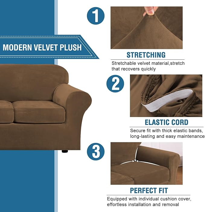 H.VERSAILTEX Real Velvet Plush 3 Piece Stretch Sofa Covers Couch Covers for 2 Cushion Couch Loveseat Covers Width Up to 72 Inch Feature Thick Soft Stay in Place (Medium Sofa, Bronze Brown)