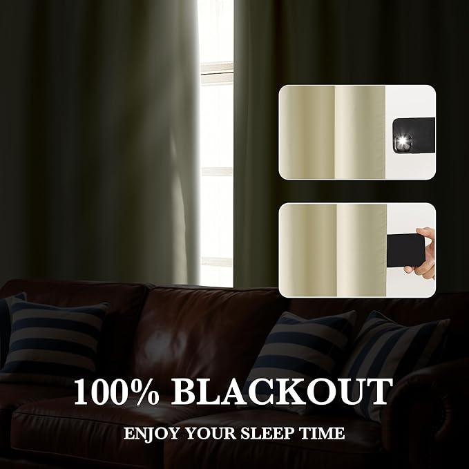 RYB HOME 100% Blackout Short Curtains for Small Window, Thermal Insulated Total Room Darkening Noise Reducing Curtains for Kitchen Bathroom Basement, 42 inches Wide by 48 inches Long, Beige