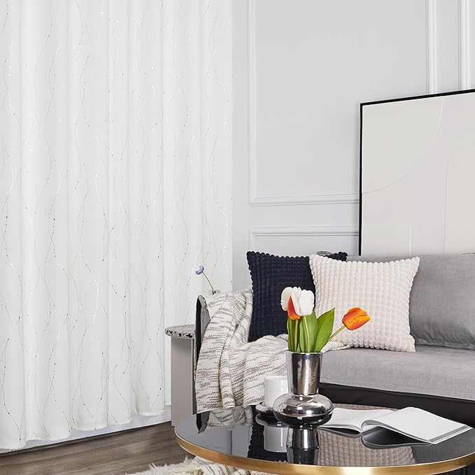 Deconovo White Curtains 84 Inches Long, Room Darkening Curtain, Thermal Insulated Soundproof Drapes, Wave Dots Silver Print, Grommet Top, Window Panels for Living Room Bedroom Nursery Office, Set of 2
