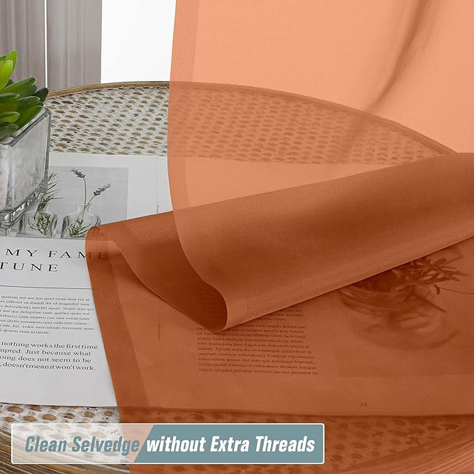Orange Window Sheer Curtains 45 Inches Length, Voile Short Curtains for Living Room Bedroom, Modern Soft Window Drapes 2 Panels Set, Top Dual Rod Pocket Design, 2x42Wx45L Inches