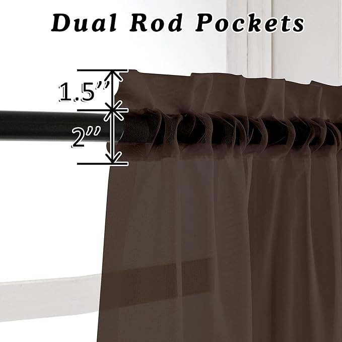 OVZME Elegant Voile Panels - Solid Color Sheer 96" Length Window Curtains, Chocolate, 2 Panels=84" W