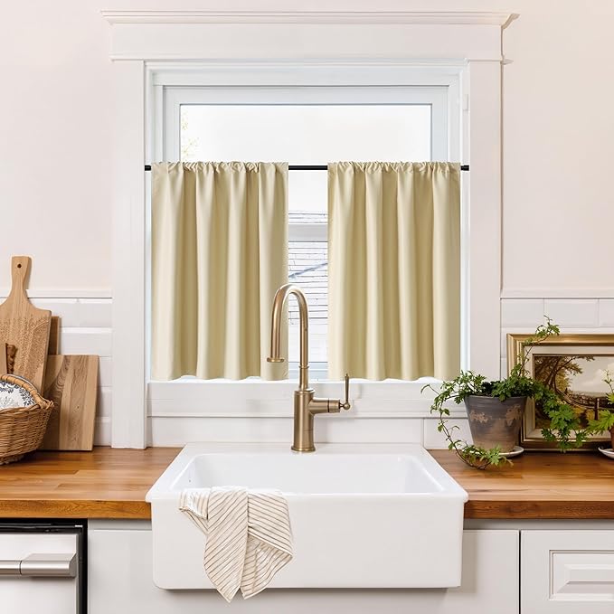 RYB HOME 100% Blackout Short Curtains for Small Window, Thermal Insulated Total Room Darkening Noise Reducing Curtains for Basement Bathroom RV Cars, 29 inches Wide by 30 inches Long, Biscotti Beige